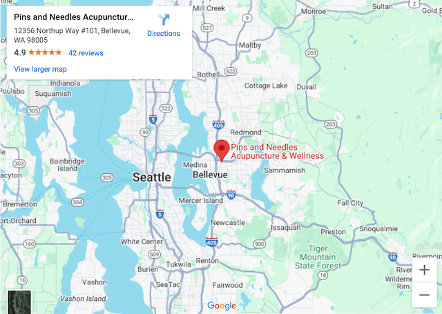 Google Map image showing Sinus Ninja in Bellevue, Washington, near Seattle. Link for directions and parking above it.
