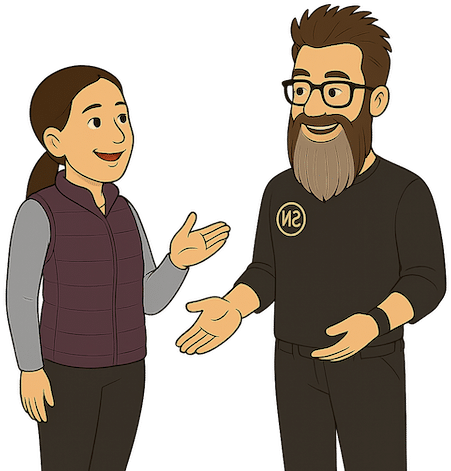 Cartoon of Sinus Ninja speaking with a female client about natural sinus relief.